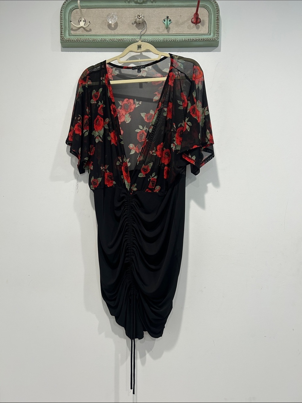 Curvy Sense Floral Mesh sheer upper Black Mini Dress with Red Roses plus size 2X